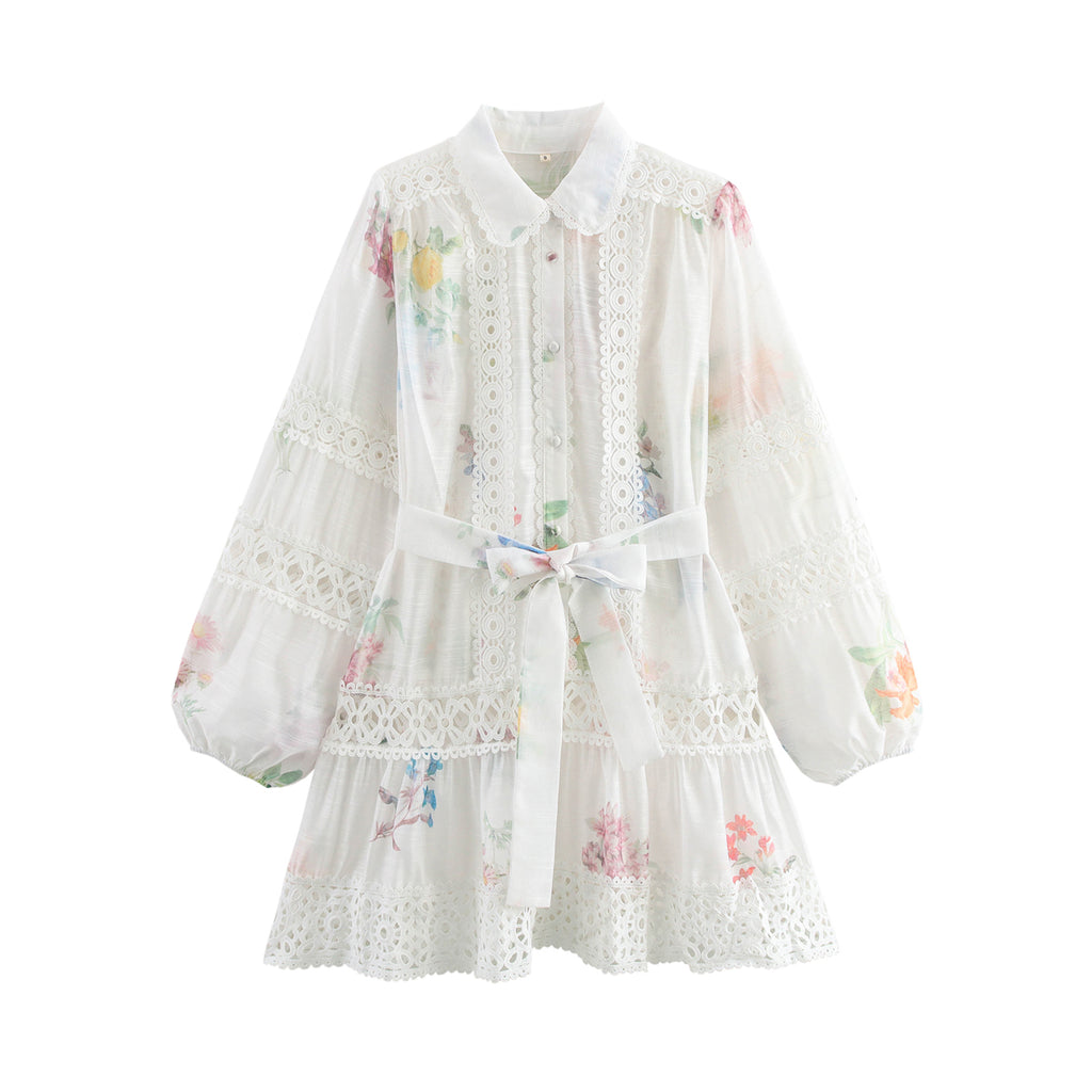 Women's Collared Floral Belted Lace Long-Sleeve A-Line Mini Dress