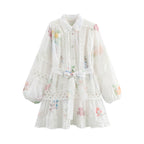 Women's Collared Floral Belted Lace Long-Sleeve A-Line Mini Dress