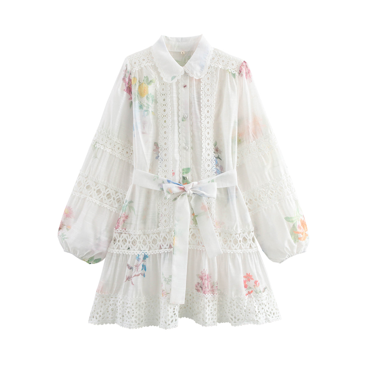 Women's Collared Floral Belted Lace Long-Sleeve A-Line Mini Dress