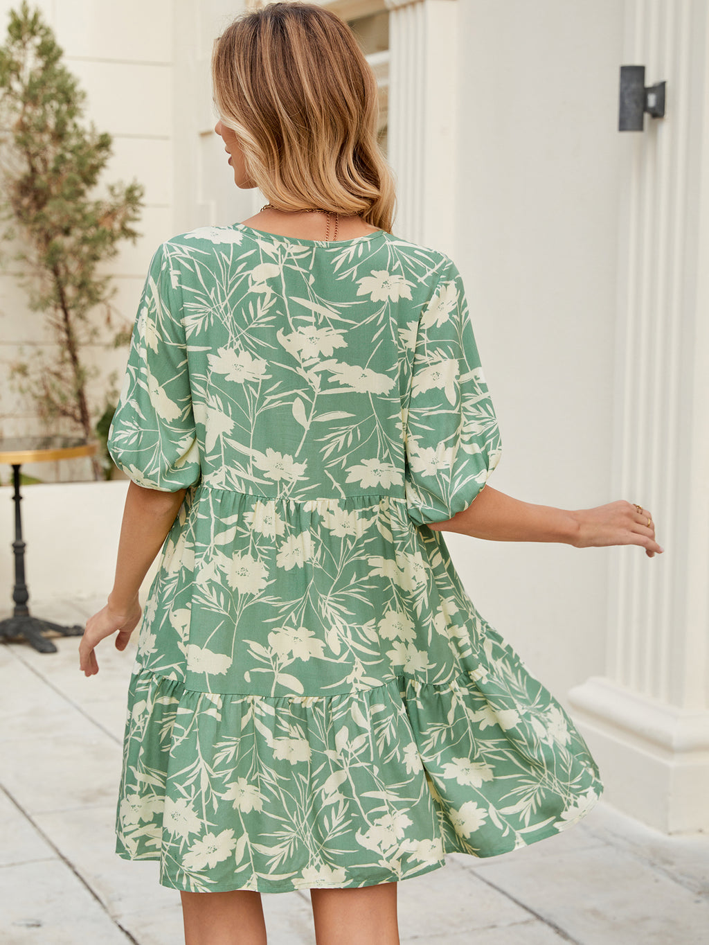 Print V-Neck Loose Short-Sleeve Dress