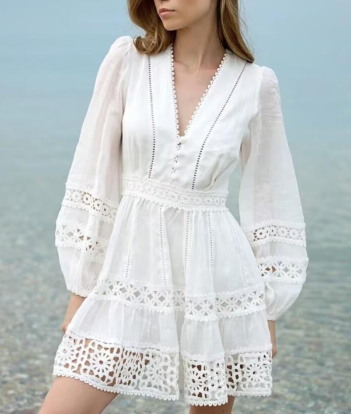 Women's Simple V Neck Hollow Out Cutout Lace Trim Long Dress