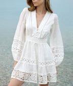 Women's Simple V Neck Hollow Out Cutout Lace Trim Long Dress