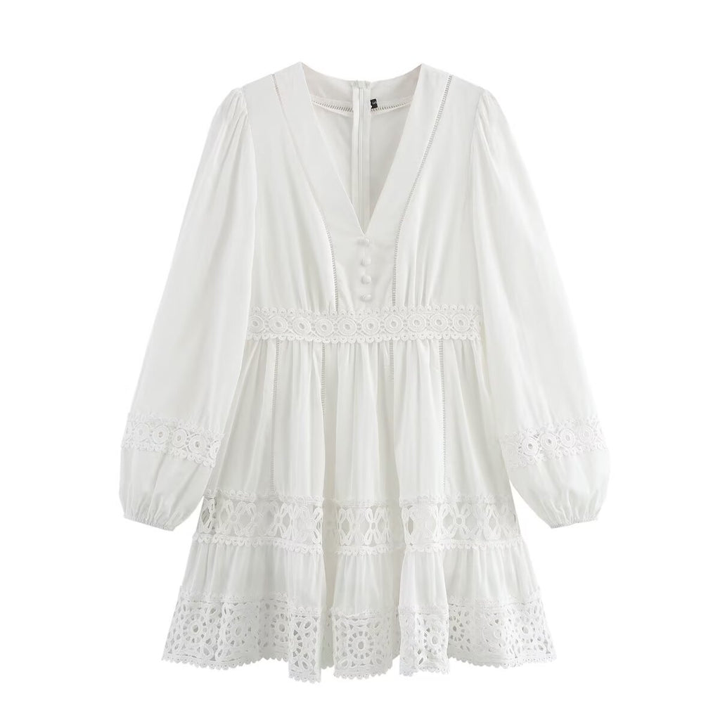 Women's Simple V Neck Hollow Out Cutout Lace Trim Long Dress