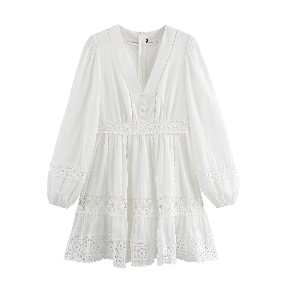 Women's Simple V Neck Hollow Out Cutout Lace Trim Long Dress