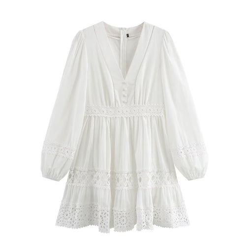 Women Simple V neck Hollow Out Cutout Lace Stitching Long Sleeve Dress