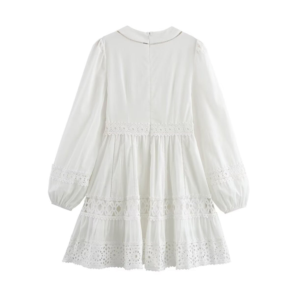 Women's Simple V Neck Hollow Out Cutout Lace Trim Long Dress