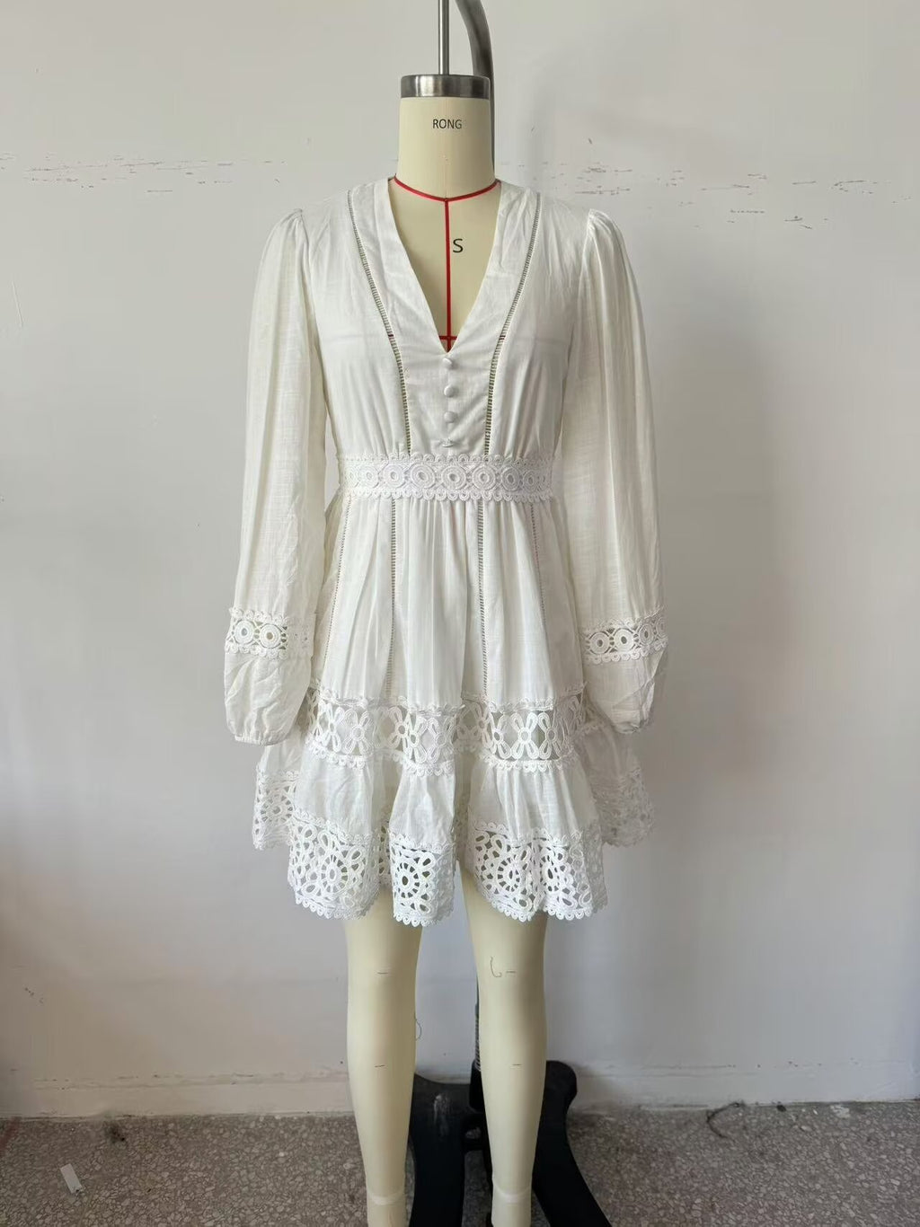 Women's Simple V Neck Hollow Out Cutout Lace Trim Long Dress