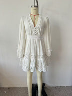 Women's Simple V Neck Hollow Out Cutout Lace Trim Long Dress