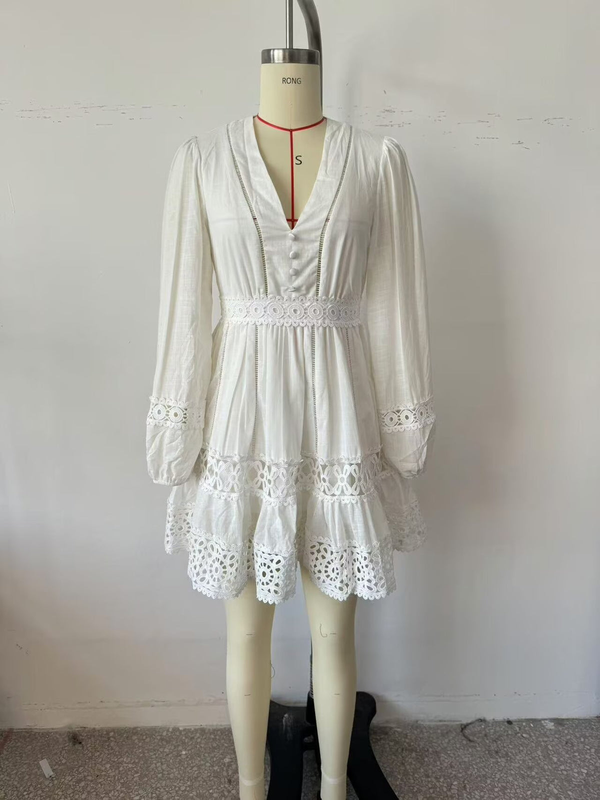 Women's Simple V Neck Hollow Out Cutout Lace Trim Long Dress