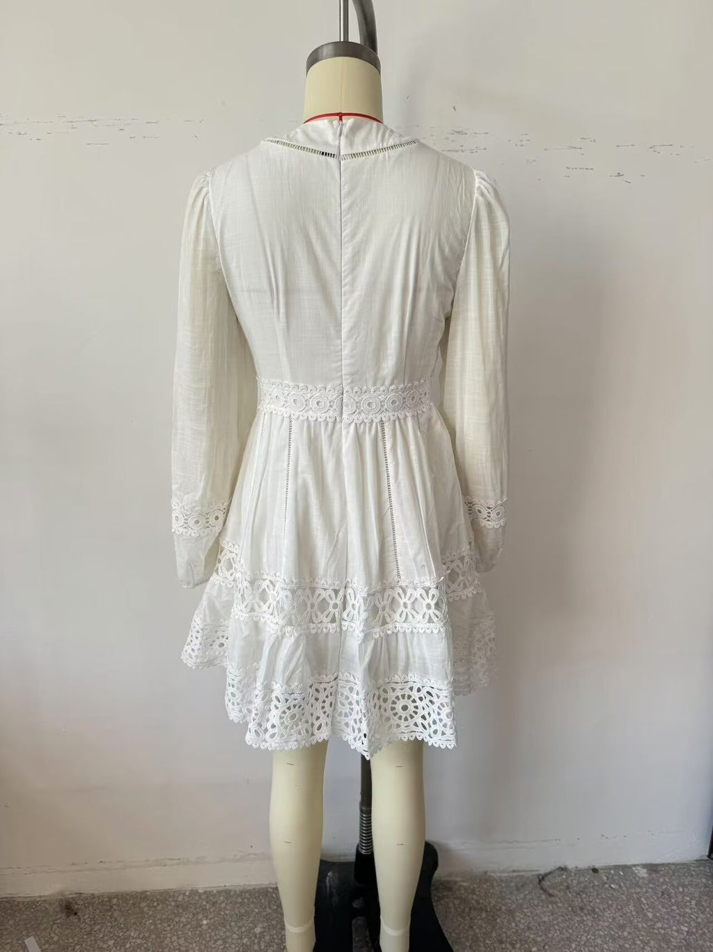 Women's Simple V Neck Hollow Out Cutout Lace Trim Long Dress