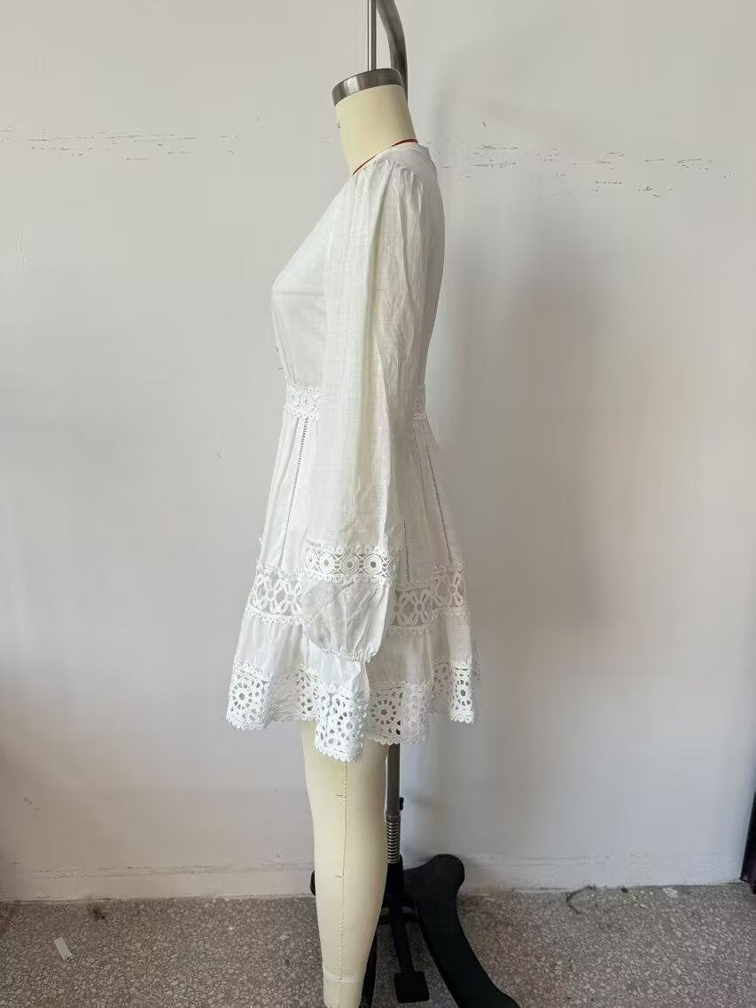 Women's Simple V Neck Hollow Out Cutout Lace Trim Long Dress