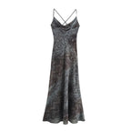 Women's Summer French Vintage Printed Slim Fit Backless Mesh Swing Collar Yarn Sling Dress