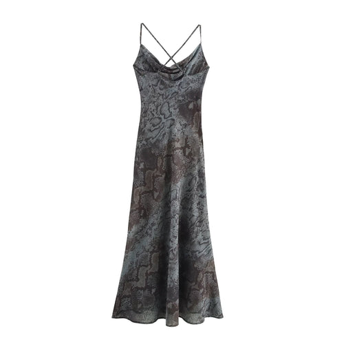 Summer French Vintage Printed Slim Fit Backless Mesh Swing Collar Yarn Sling Dress