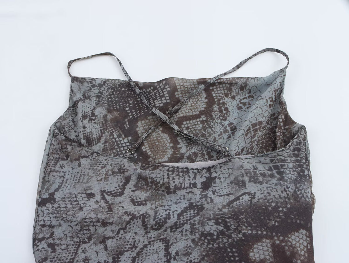 Women's Summer French Vintage Printed Slim Fit Backless Mesh Swing Collar Yarn Sling Dress
