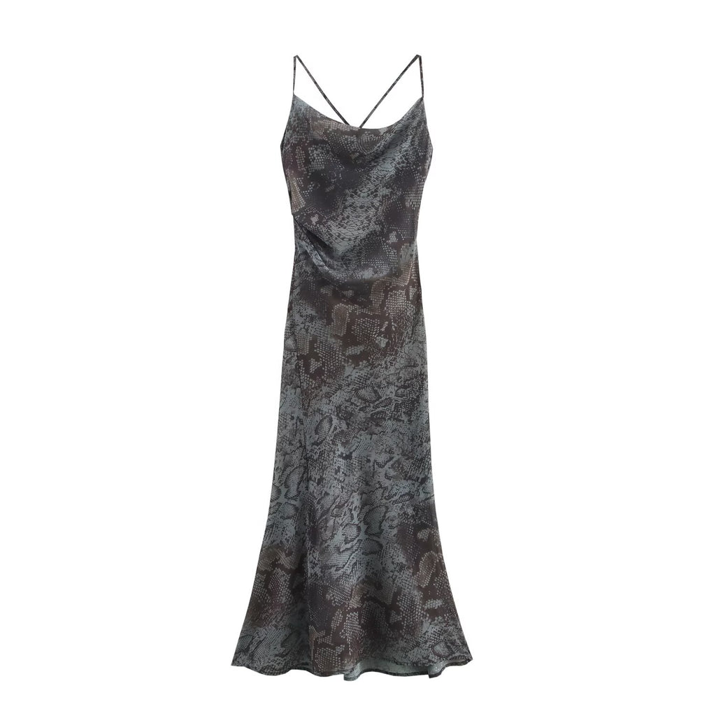 Women's Summer French Vintage Printed Slim Fit Backless Mesh Swing Collar Yarn Sling Dress