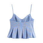 Summer French Sweet Spicy Small Pleated Poplin Striped Spaghetti Straps Top