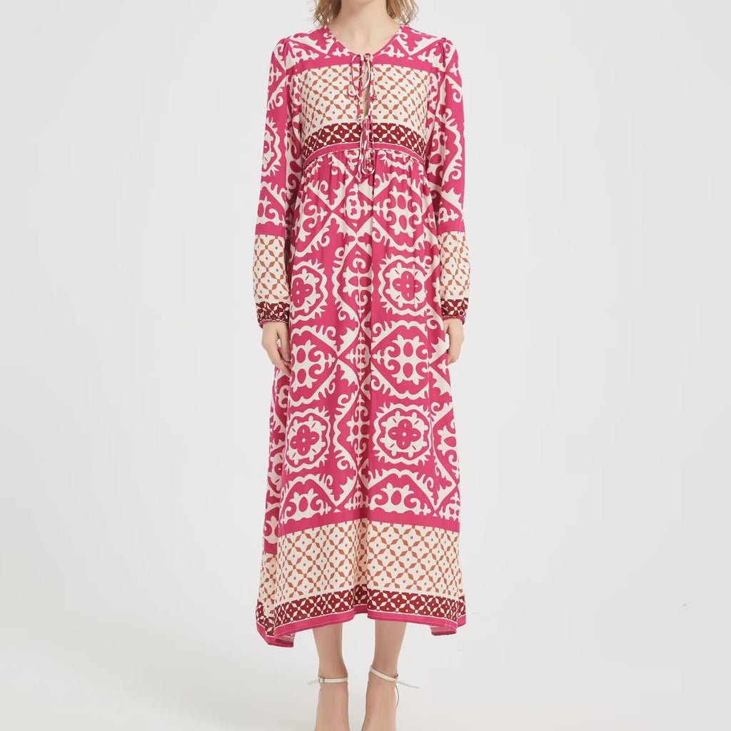 Women's Clothing Positioning Printing Bohemia Lace Up Dress