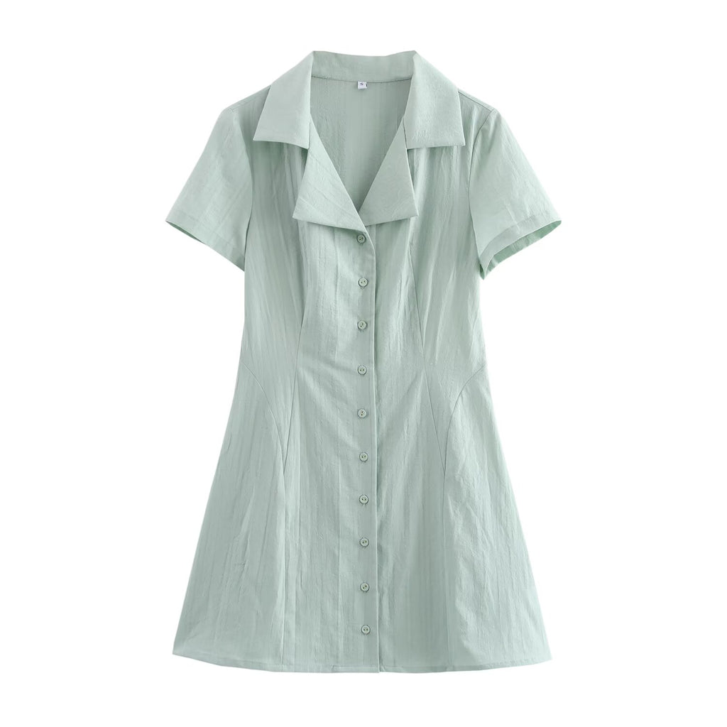 Collared Button Short-Sleeve A-Line Mini Dress