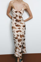 Women's Summer Sexy Silk Satin Printed Texture V Neck Midi Dress Sling Dress