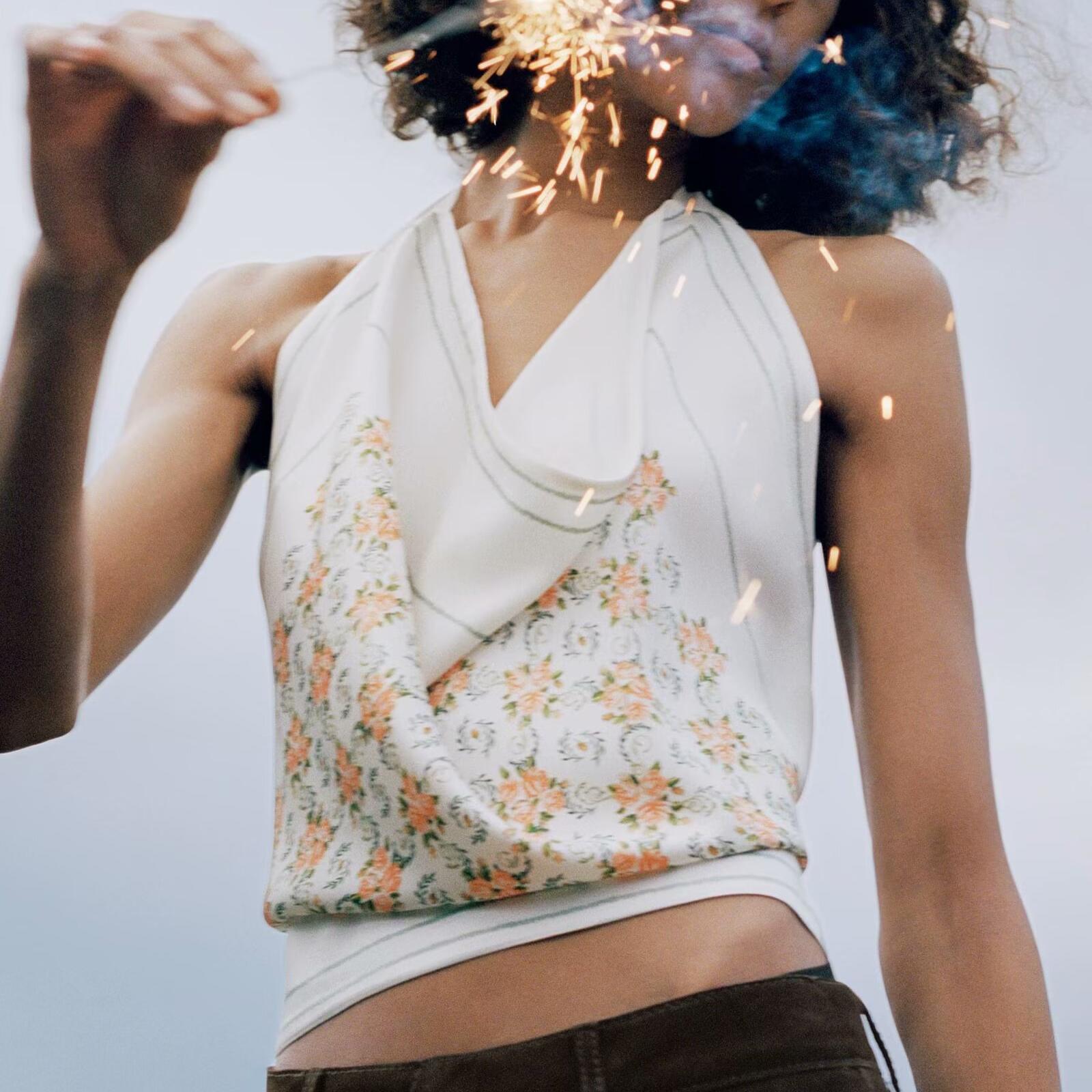 Floral Printed Satin-Look Halter Top
