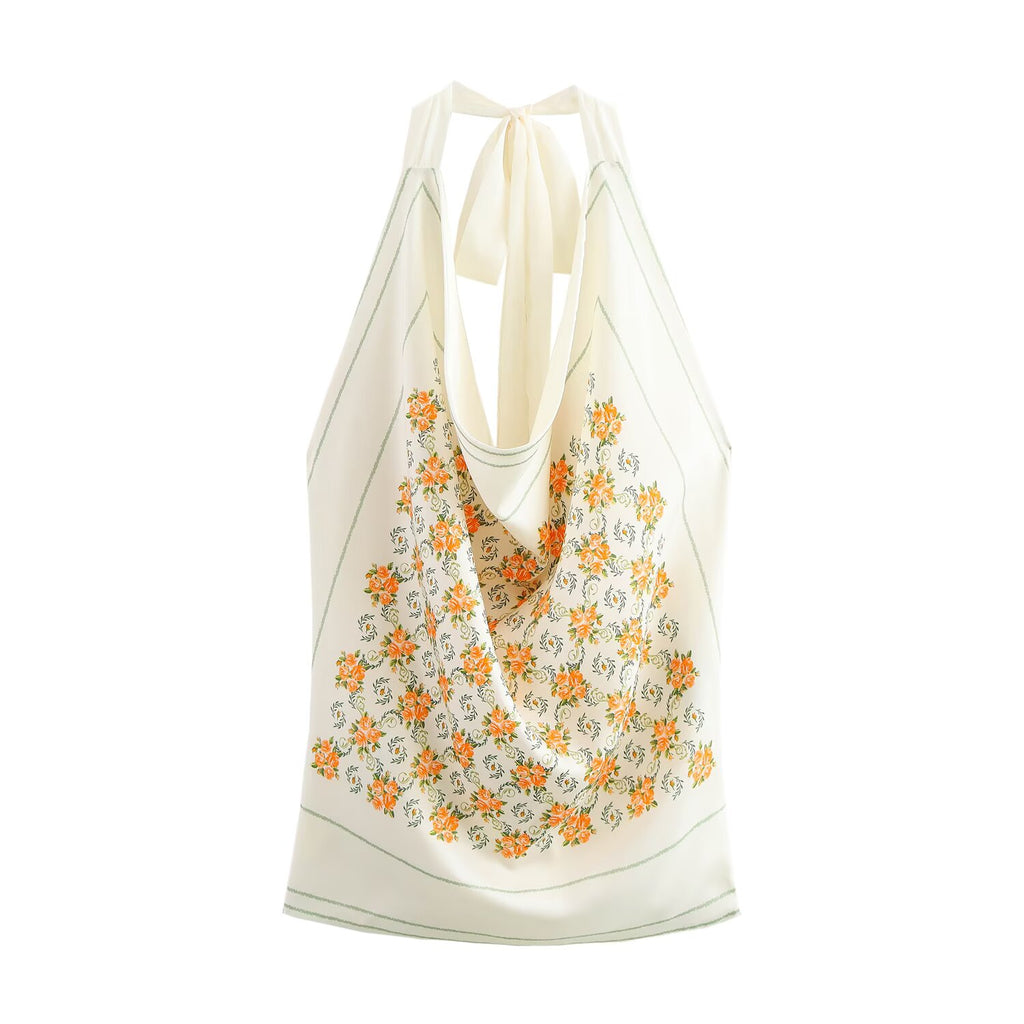 Floral Printed Satin-Look Halter Top