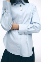 Women's Contrast-Button Poplin Collared Shirt