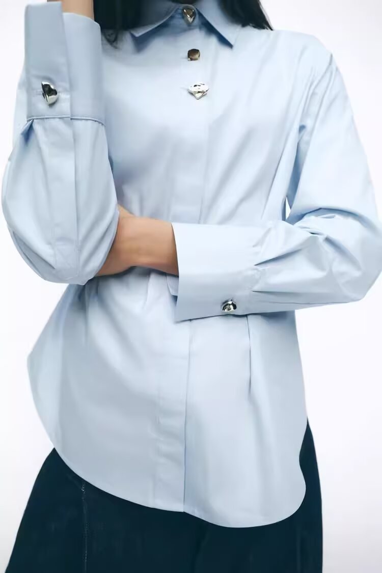 Women's Contrast-Button Poplin Collared Shirt