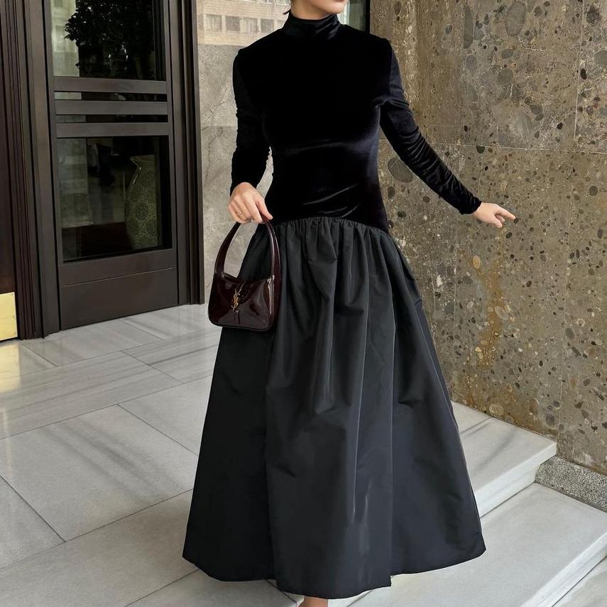 Stitching Hepburn Little Black Stand Collar Midi Dress