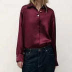 Women's Metal Decorated Row Button Silk Satin Textured Shirt