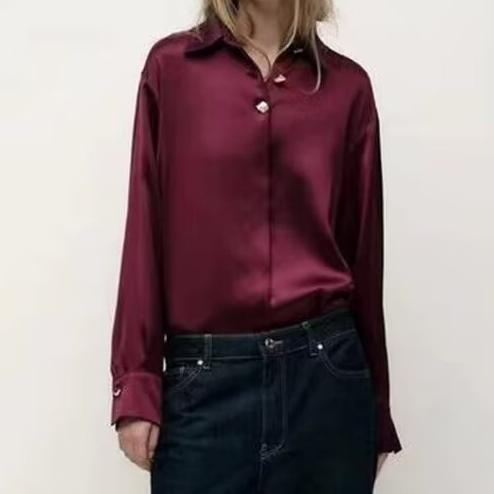 Women's Metal Decorated Row Button Silk Satin Textured Shirt