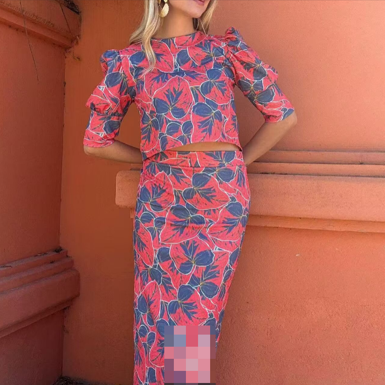 Women's Spring Design Round Neck Top and Skirt Two-Piece Set