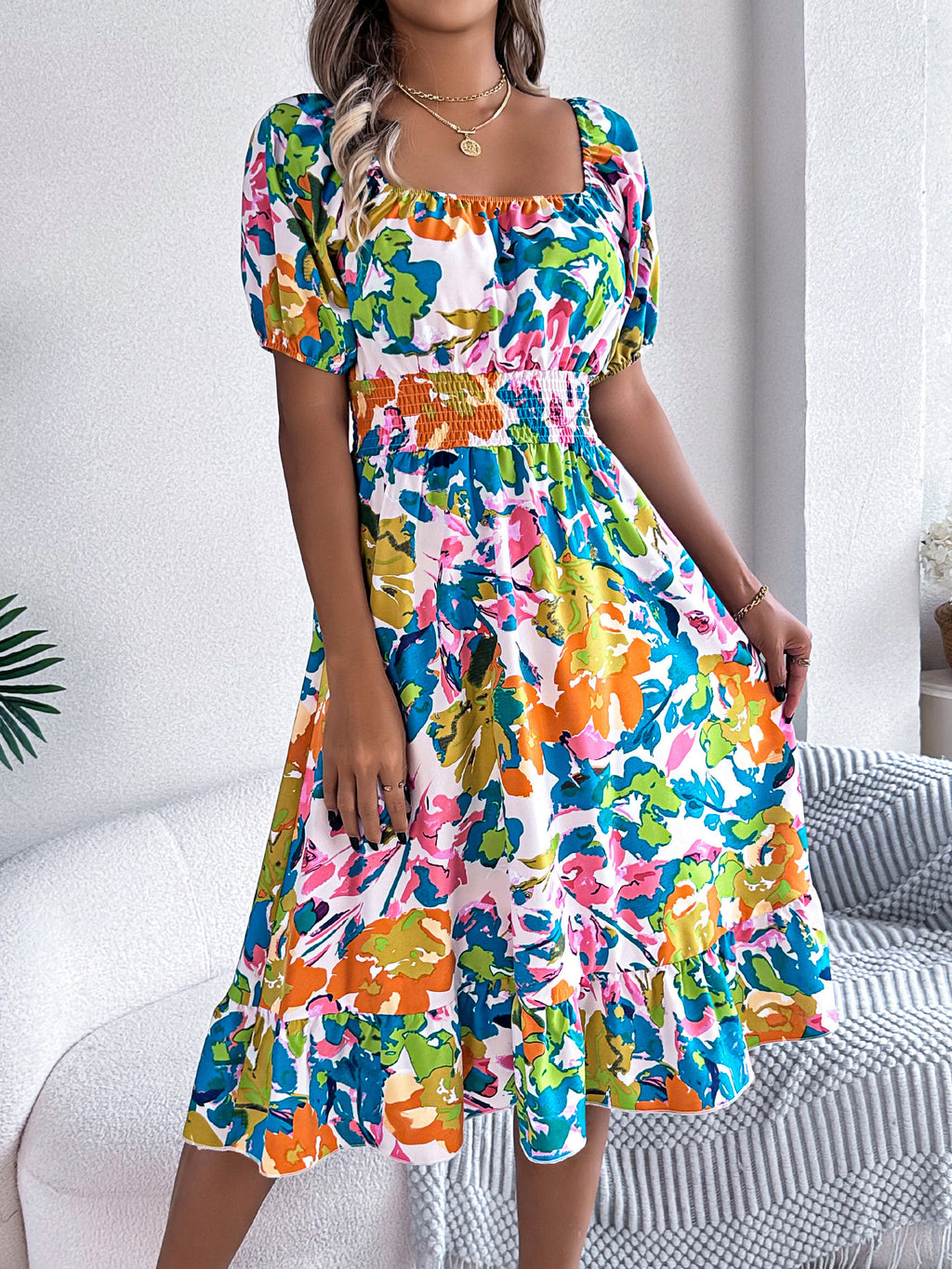 Women's Floral Square Collar Short-Sleeve Waist Trimming Ruffles