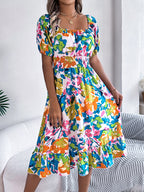 Women's Floral Square Collar Short-Sleeve Waist Trimming Ruffles