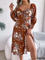 Women's Floral Lace-Up Long-Sleeve Split Dress