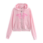 Letter Graphic Print Hooded Velvet Jacket Bootcut Pants Casual Sports Set
