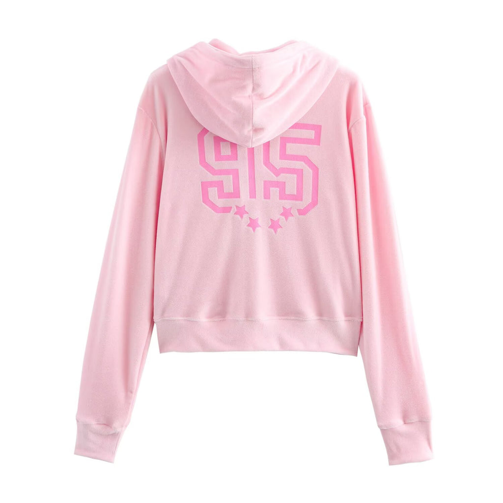 Letter Graphic Print Hooded Velvet Jacket Bootcut Pants Casual Sports Set