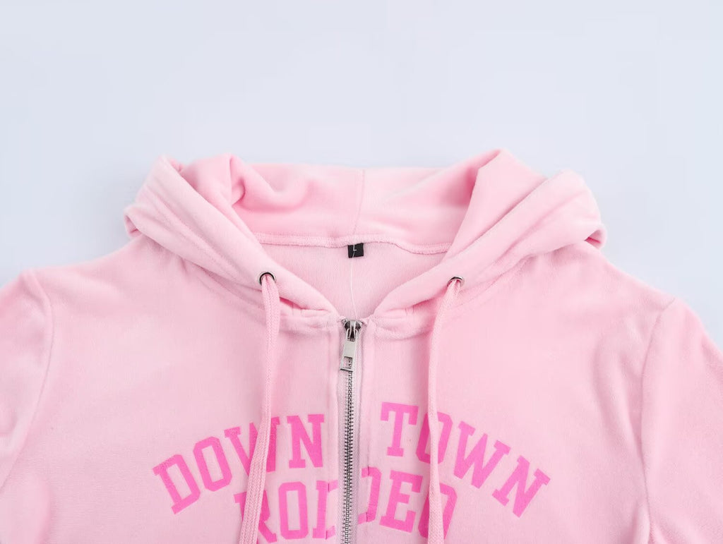 Letter Graphic Print Hooded Velvet Jacket Bootcut Pants Casual Sports Set