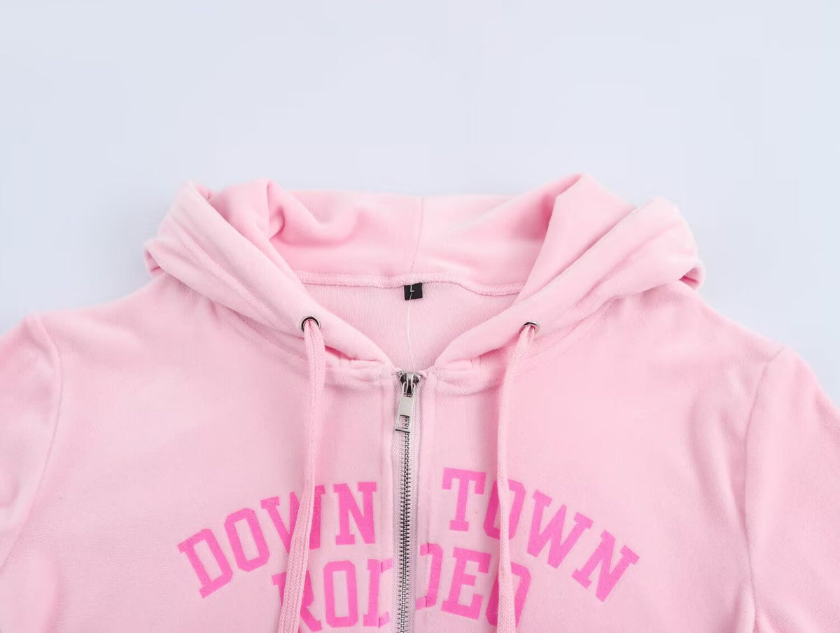 Letter Graphic Print Hooded Velvet Jacket Bootcut Pants Casual Sports Set