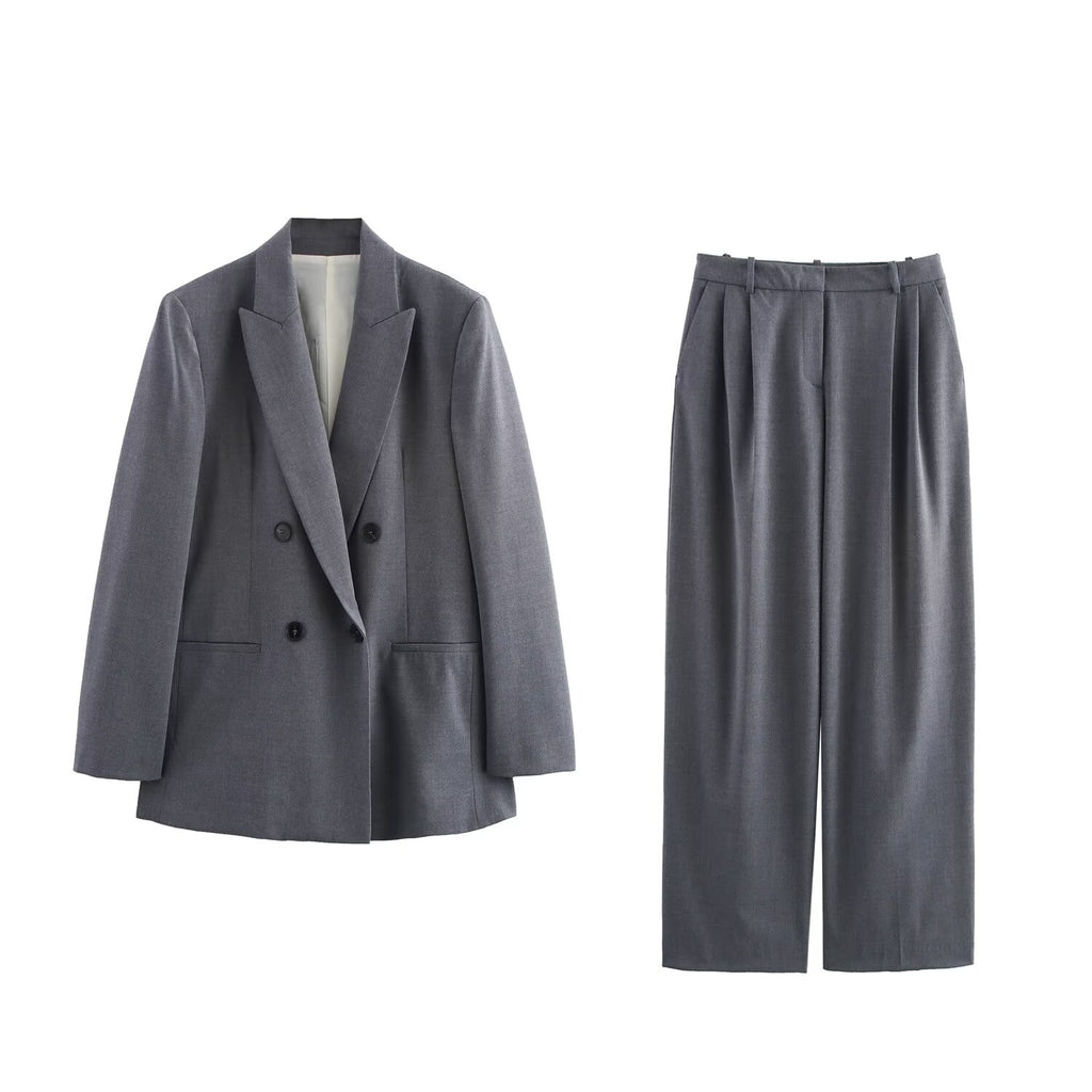 Double Breasted Blazer With Padded Shoulder Pant Set