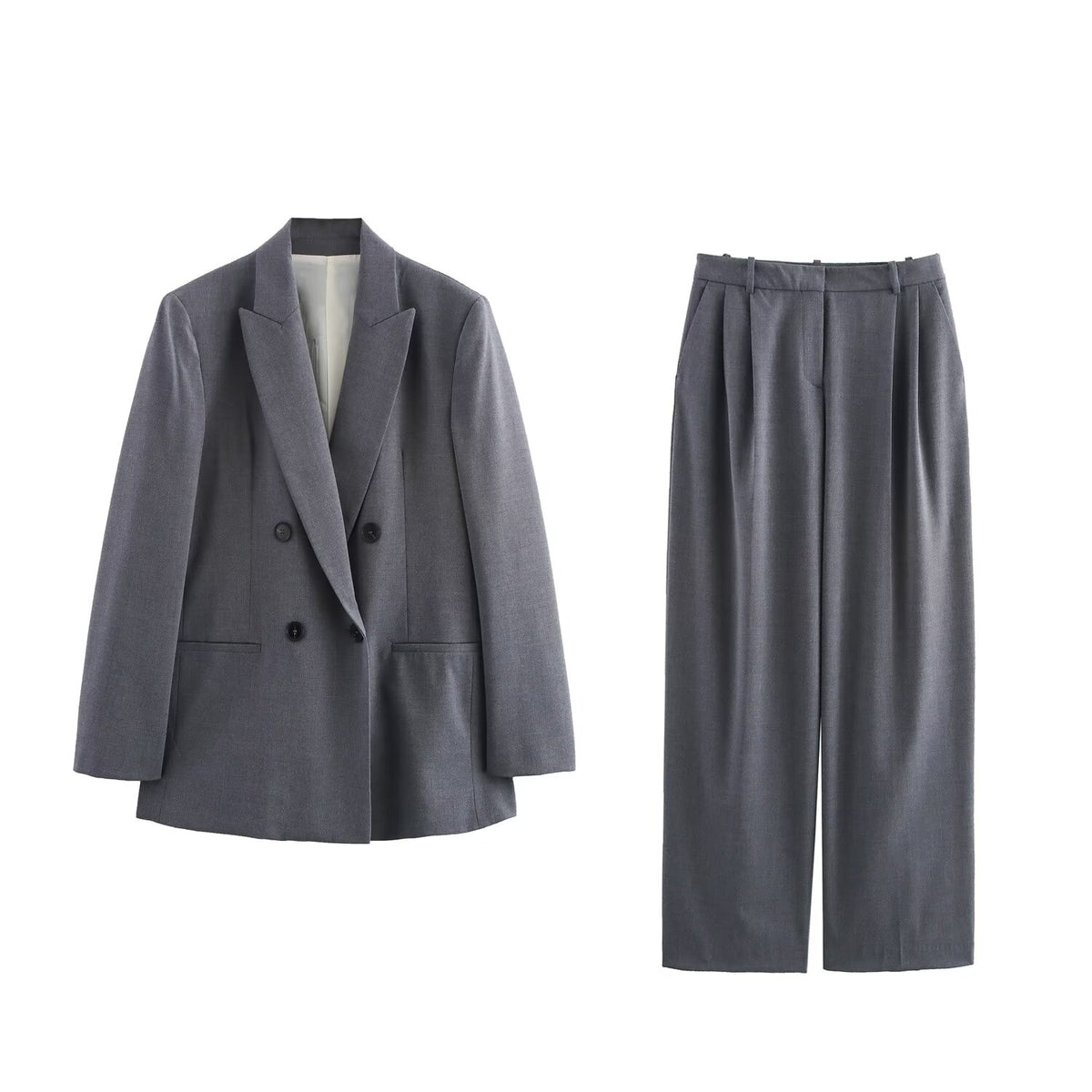 Double Breasted Blazer With Padded Shoulder Pant Set