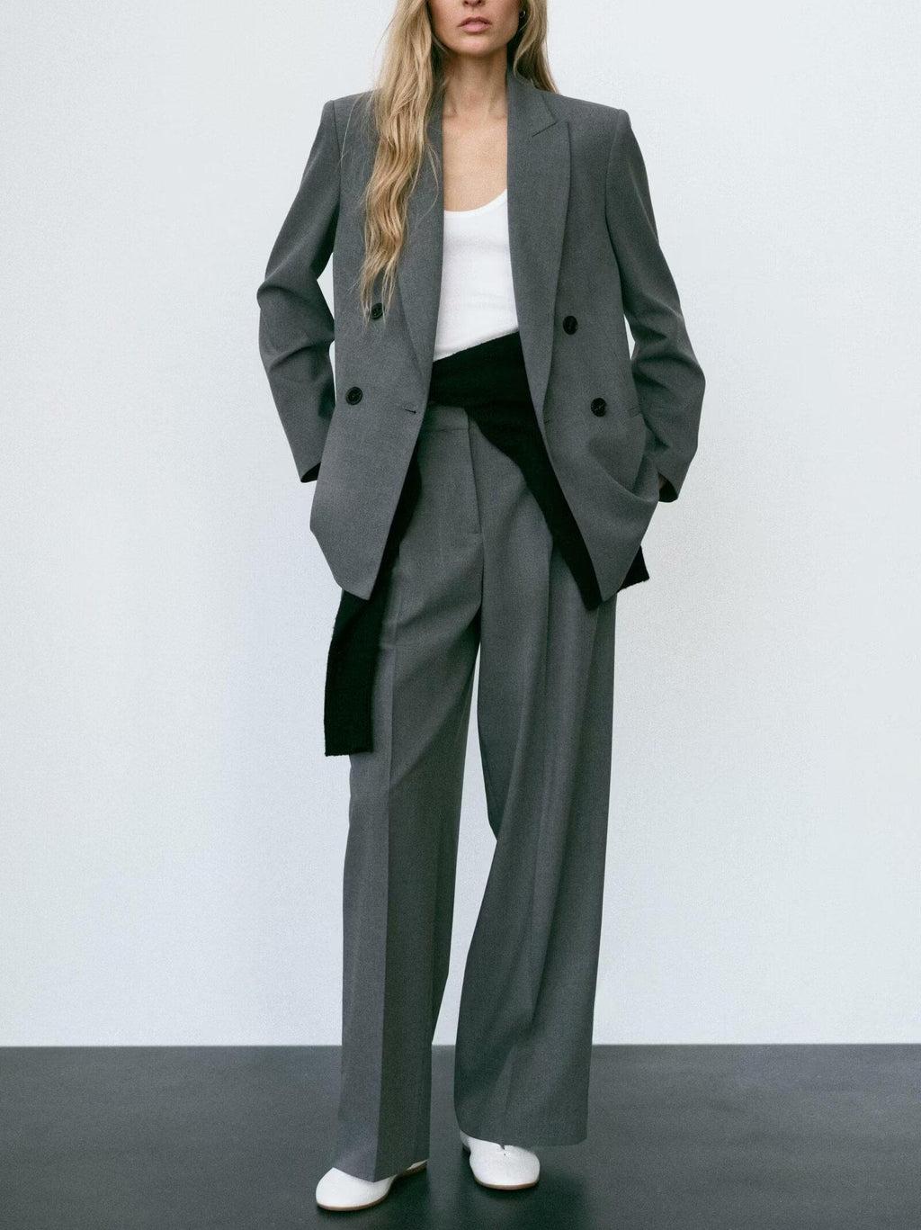 Double Breasted Blazer With Padded Shoulder Pant Set