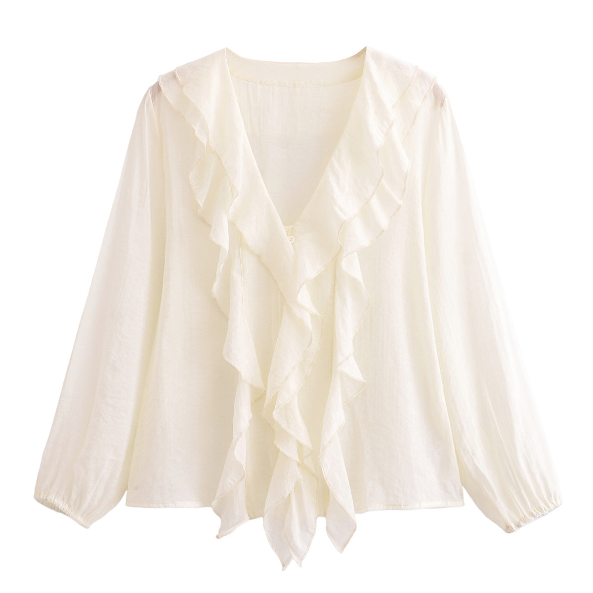 Women's Elegant V Neck Sweet Lotus Leaf Laminated Long Sleeved Shirt Spring Summer Thin Single Breasted Cardigan Shirt Women