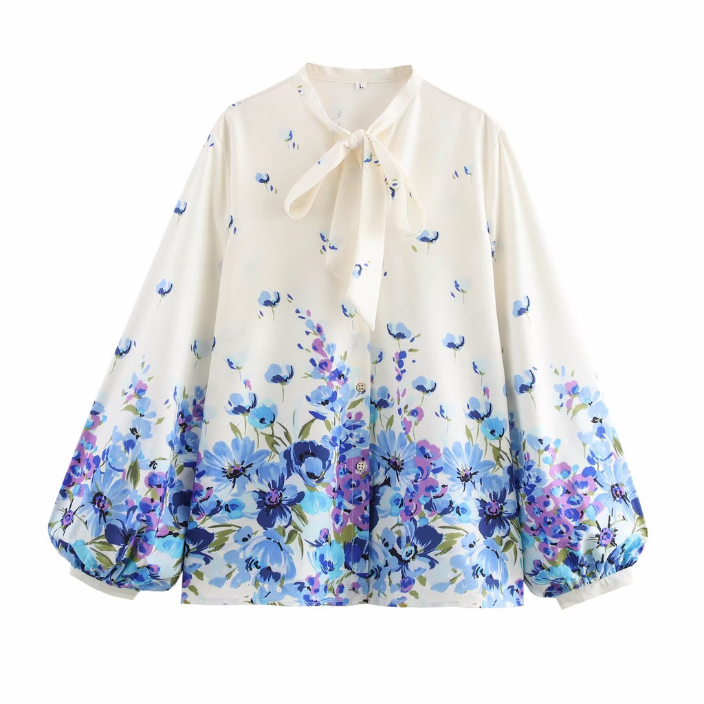 Women's Bow Decoration Elegant Printed Long Sleeve Shirt