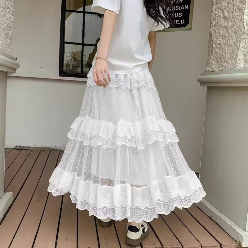 Women's Tiered Dress Midi Skirt Spring Summer Sweet Mesh Puffy Women Clothing Swing Mid Length Dress