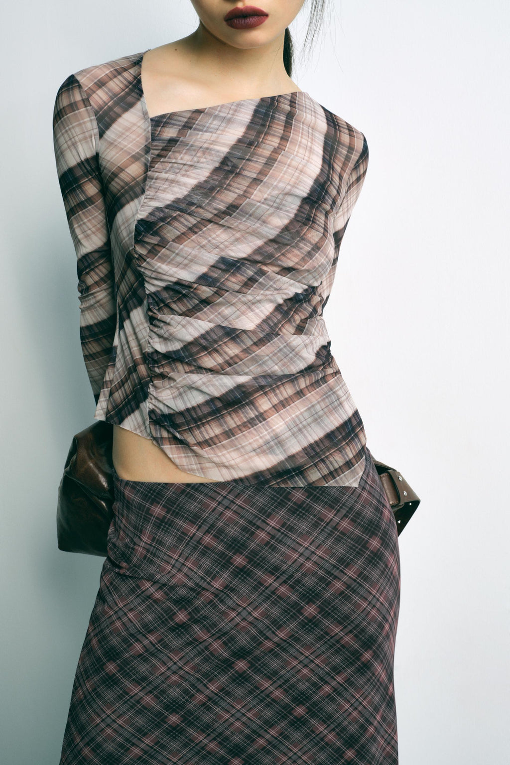 Women's Plaid Silk Net Diagonal Collar Long Sleeved T Shirt Mid Length Set Women Sexy Slim Fit Top