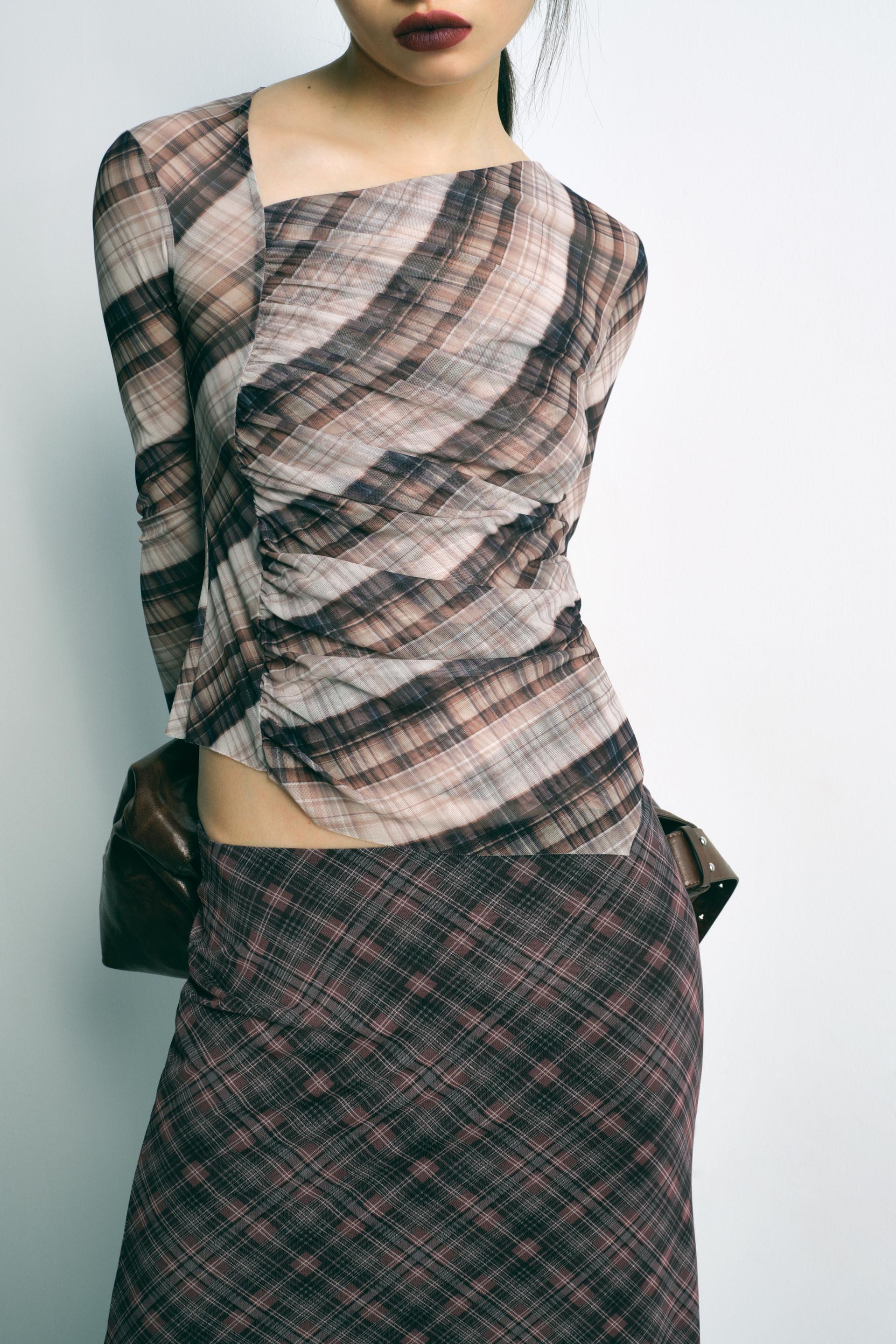 Women's Plaid Silk Net Diagonal Collar Long Sleeved T Shirt Mid Length Set Women Sexy Slim Fit Top