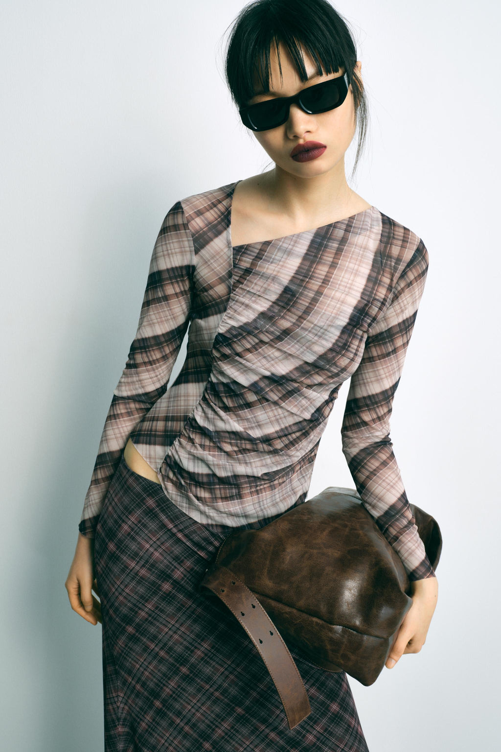 Women's Plaid Silk Net Diagonal Collar Long Sleeved T Shirt Mid Length Set Women Sexy Slim Fit Top