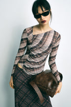 Women's Plaid Silk Net Diagonal Collar Long Sleeved T Shirt Mid Length Set Women Sexy Slim Fit Top