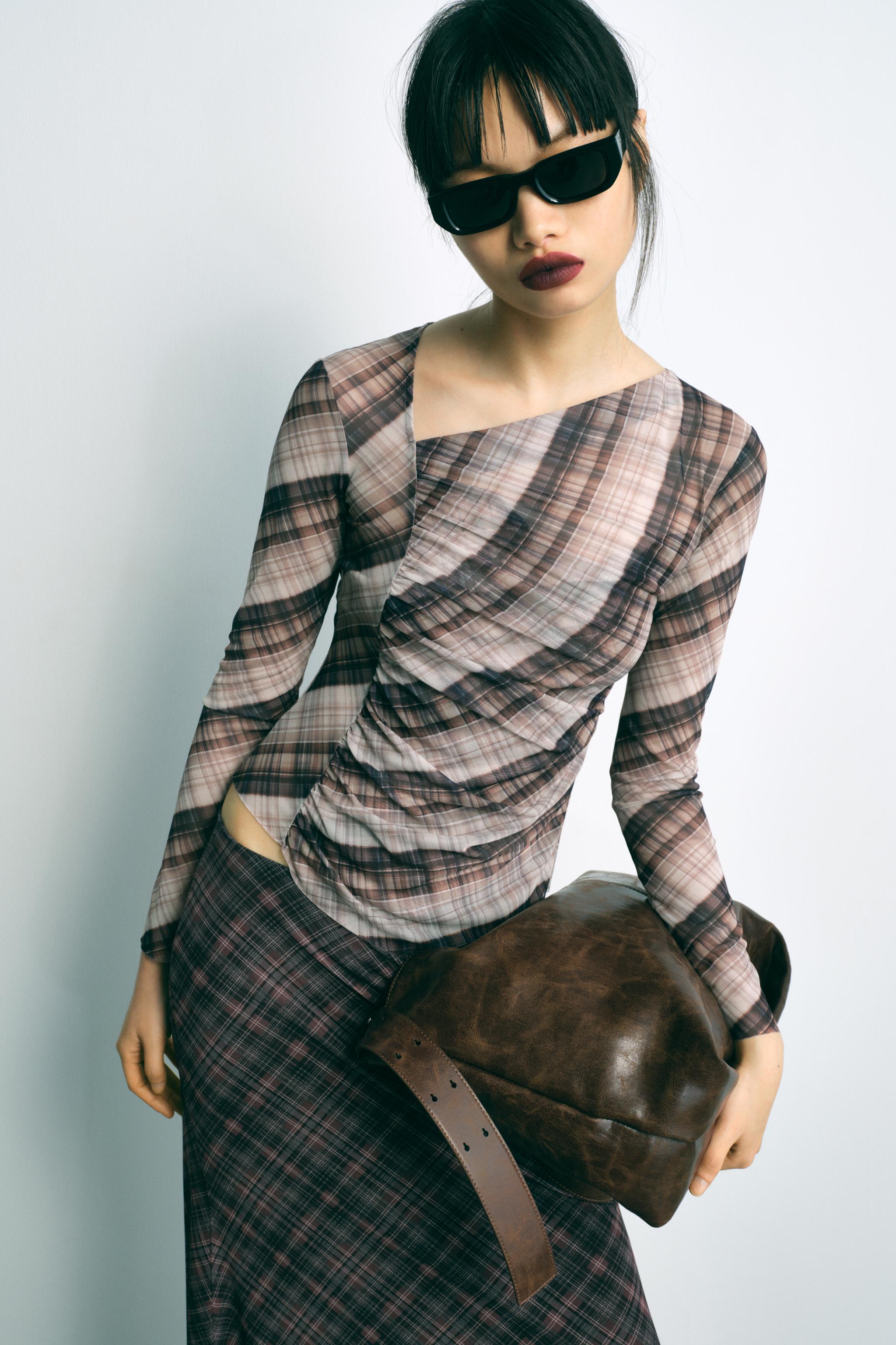 Women's Plaid Silk Net Diagonal Collar Long Sleeved T Shirt Mid Length Set Women Sexy Slim Fit Top