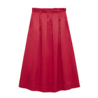 Women's Spring Women Clothing French Design Red Pleated Midi Dress